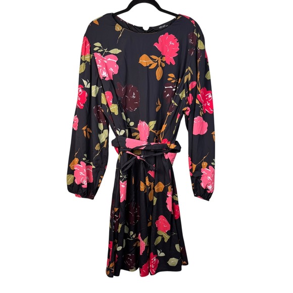 Eshakti Dress Women's 24W Floral Print Black Long Sleeve Knee Length Belted - Picture 6 of 16